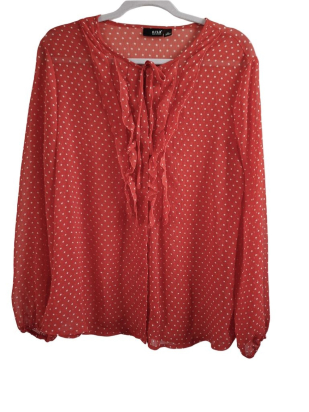 a.n.a Red & White Star Print Blouse XL semi sheer office core ruffle pintuck